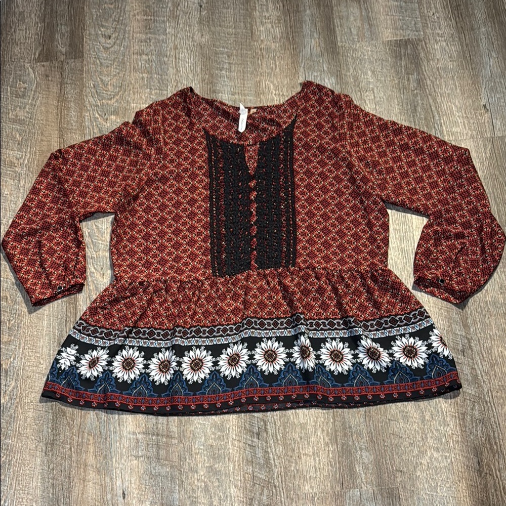 NY Collection Burgundy and Black Floral Blouse